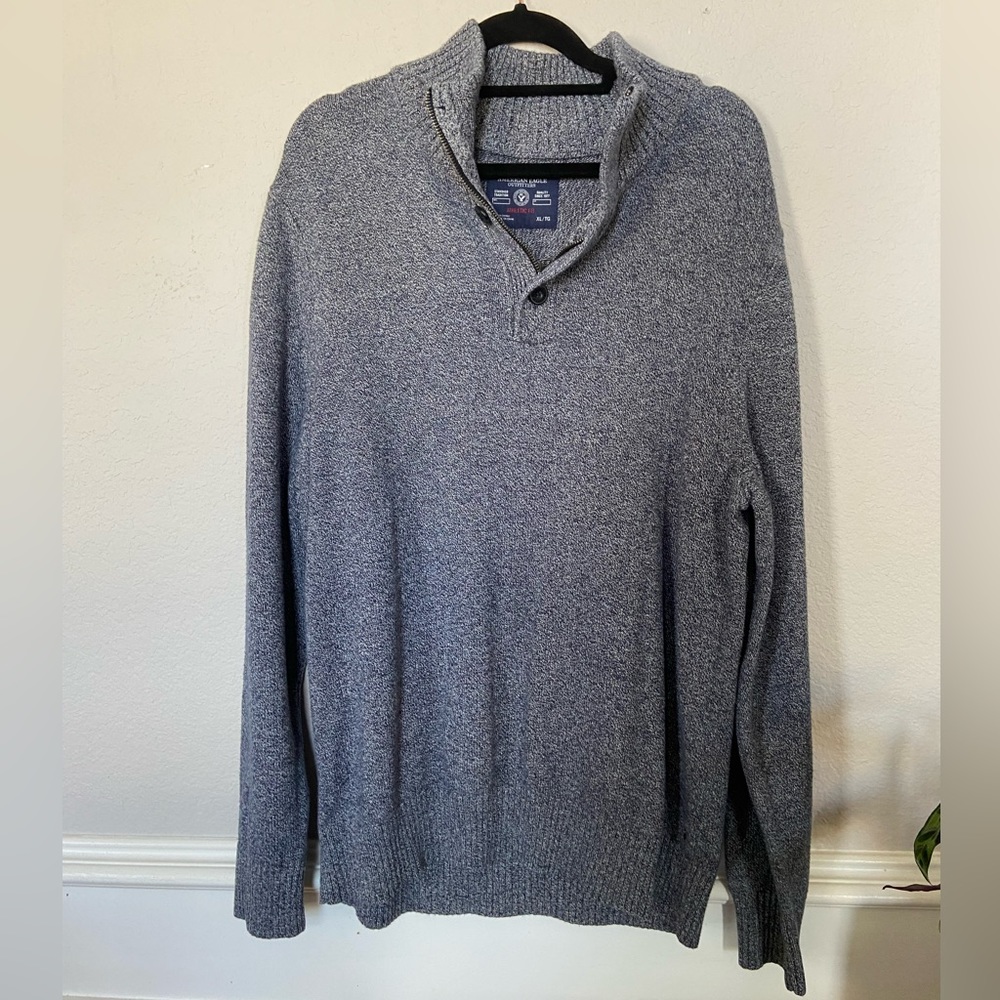 AMERICAN EAGLE ATHLETIC FIT gray 1/4 ZIP BUTTON PULLOVER SWEATER MENS XL